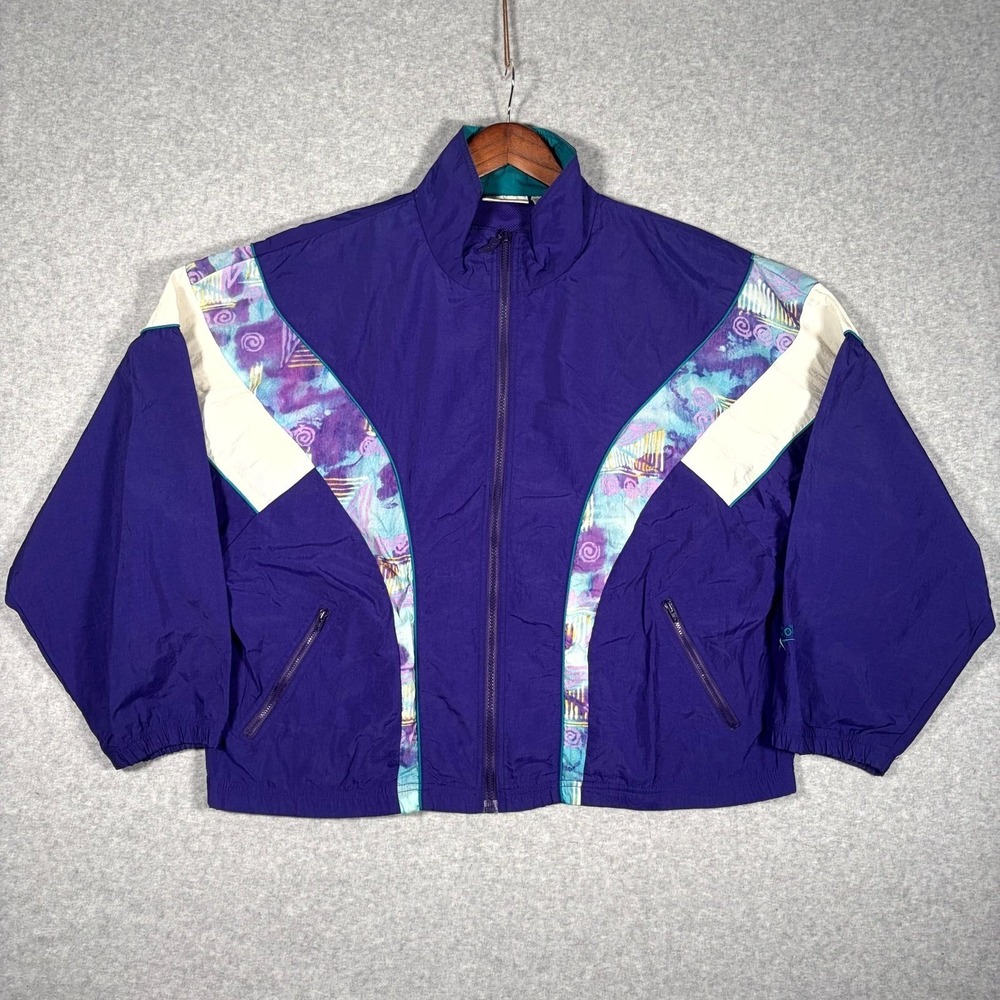 Reebok Windbreaker Jacket Women Large Purple Vintage 90s Colorblock Full Zip